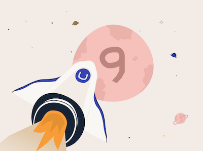 Illustration of Umbraco branded rocket reaching for a planet with the number 9 in the middle