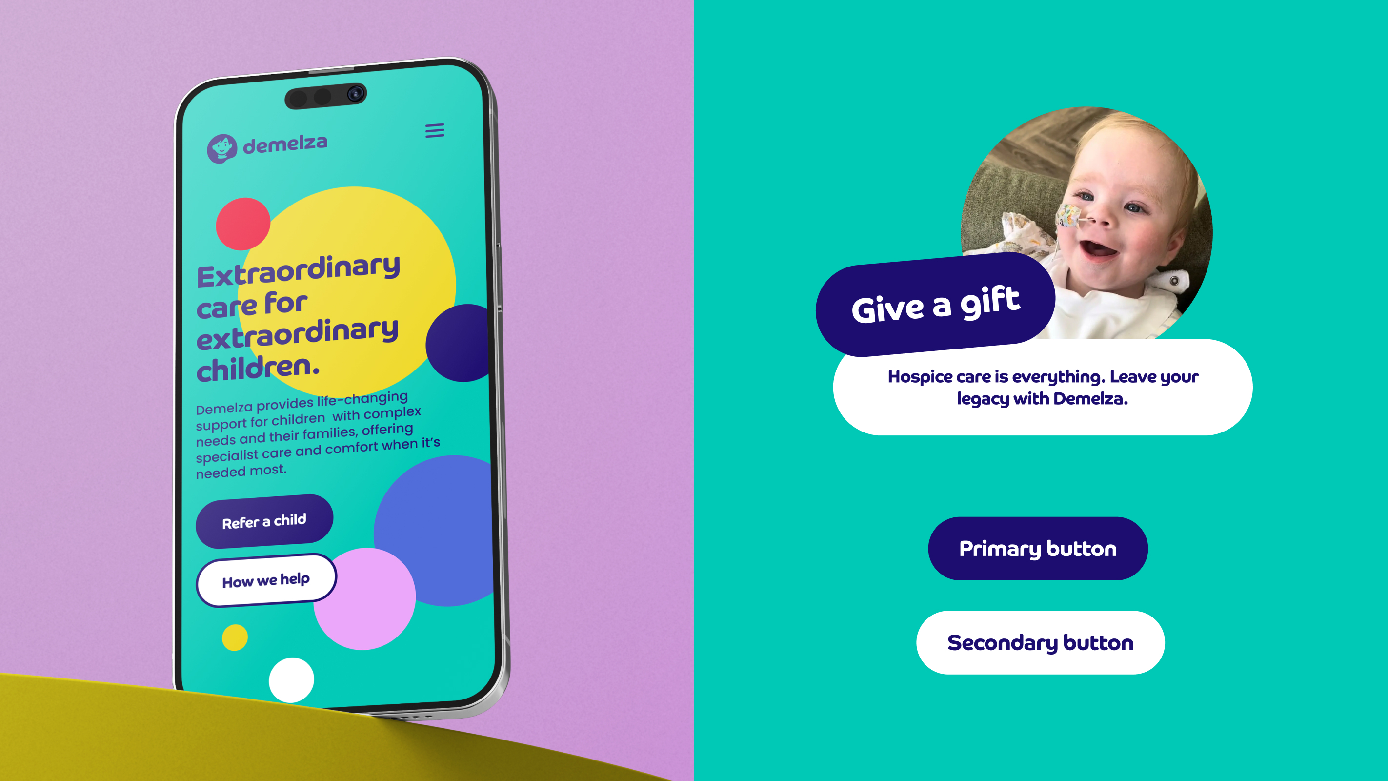 A composite image showing a smartphone displaying the Demelza mobile site alongside specific UI components, including a "Give a gift" callout with a child's photo and examples of the site's primary and secondary button styles.