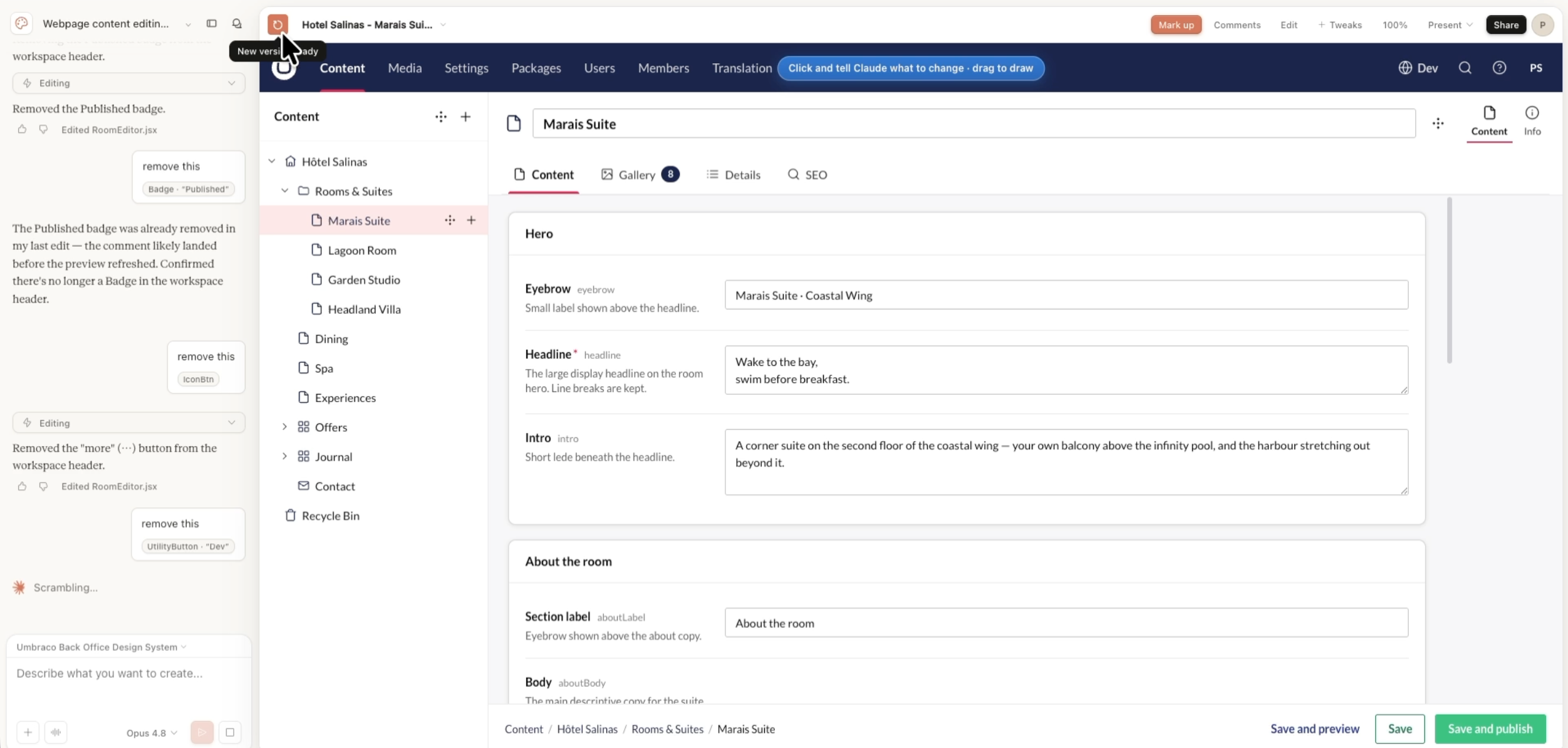 A web-based content management system interface showing an active editing form for a hotel suite webpage. The form contains fields for hero section text components, including eyebrow, headline, and intro blocks, flanked by a side navigation panel.