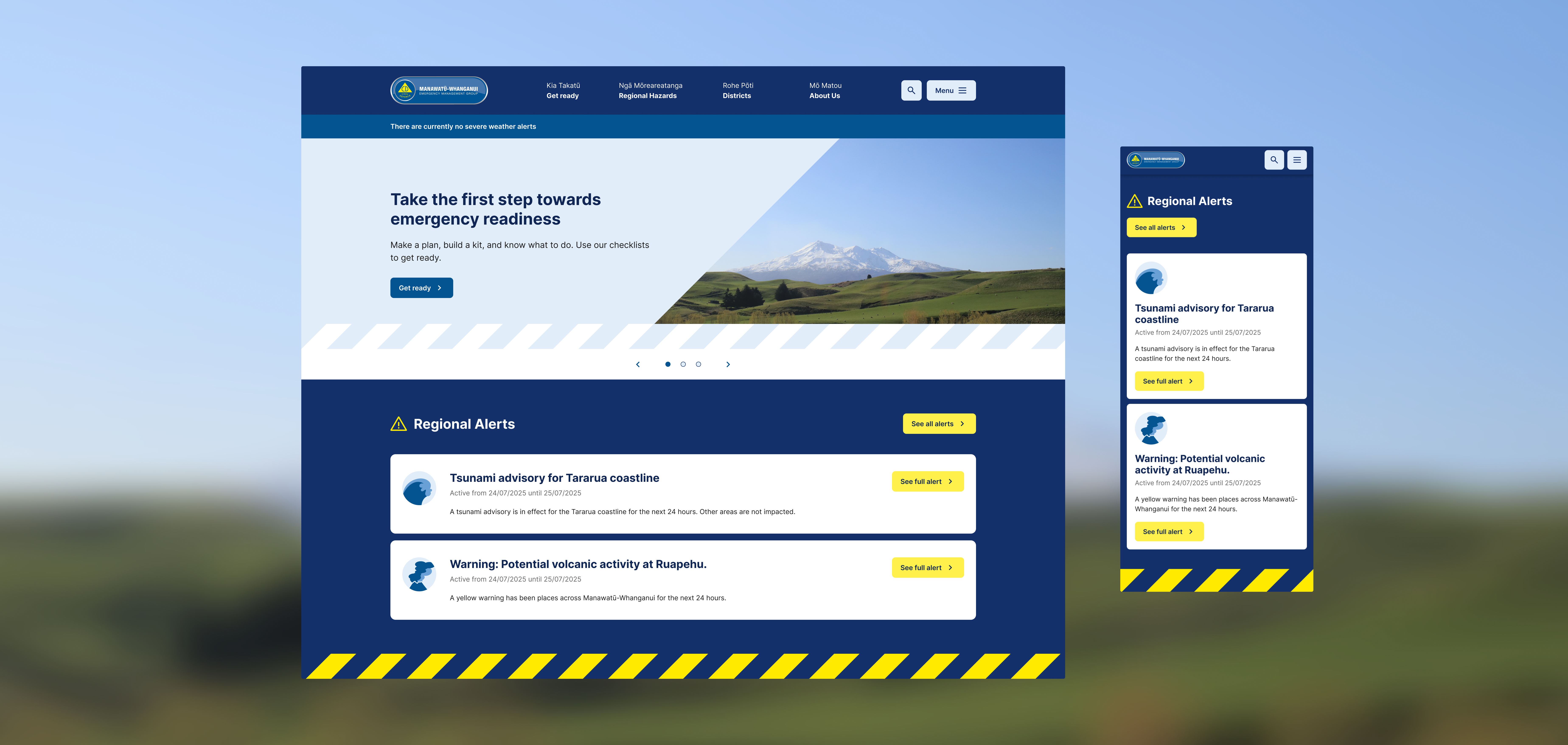 Desktop and mobile layout mockups featuring prominent dark blue "Regional Alerts" notification cards for active tsunami and volcanic hazards.