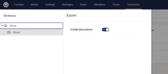 Screenshot of the backoffice translation section showing the UI for exporting Dictionary Items in Umbraco 10.1. The Export Context Menu allows you to include descendants of an item when exporting.