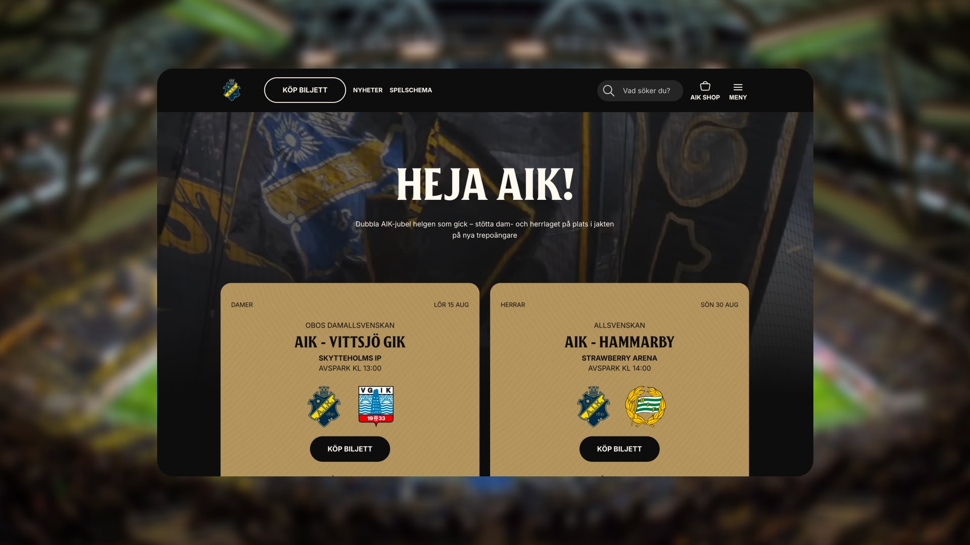 The AIK Fotboll website home page on desktop with upcoming matches and ticket buttons