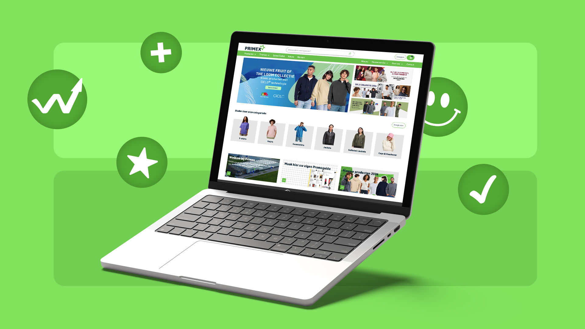 A laptop showing the Primex e-commerce clothing website, surrounded by icons for growth, satisfaction, and success.