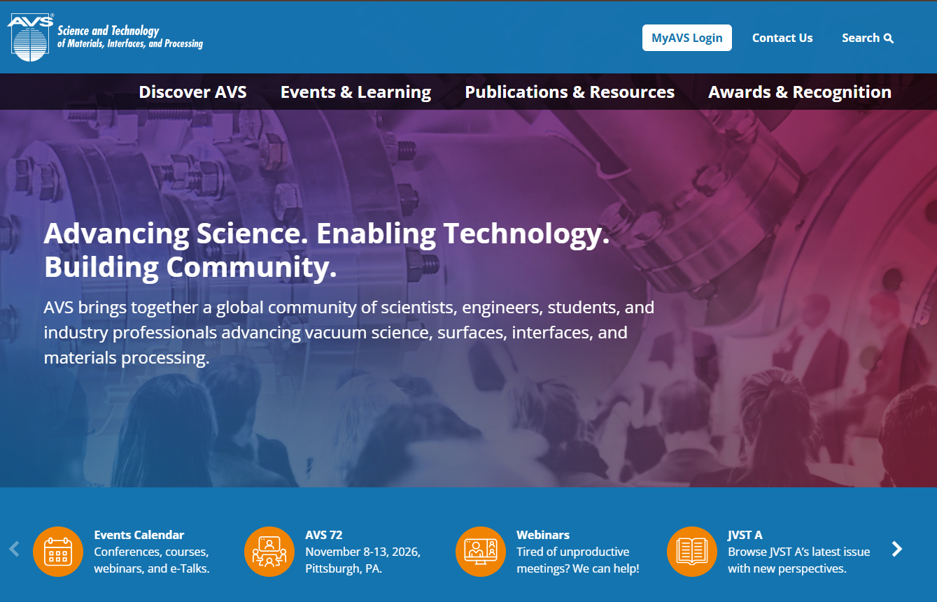 AVS homepage hero banner with text: “Advancing Science. Enabling Technology. Building Community.” and navigation links