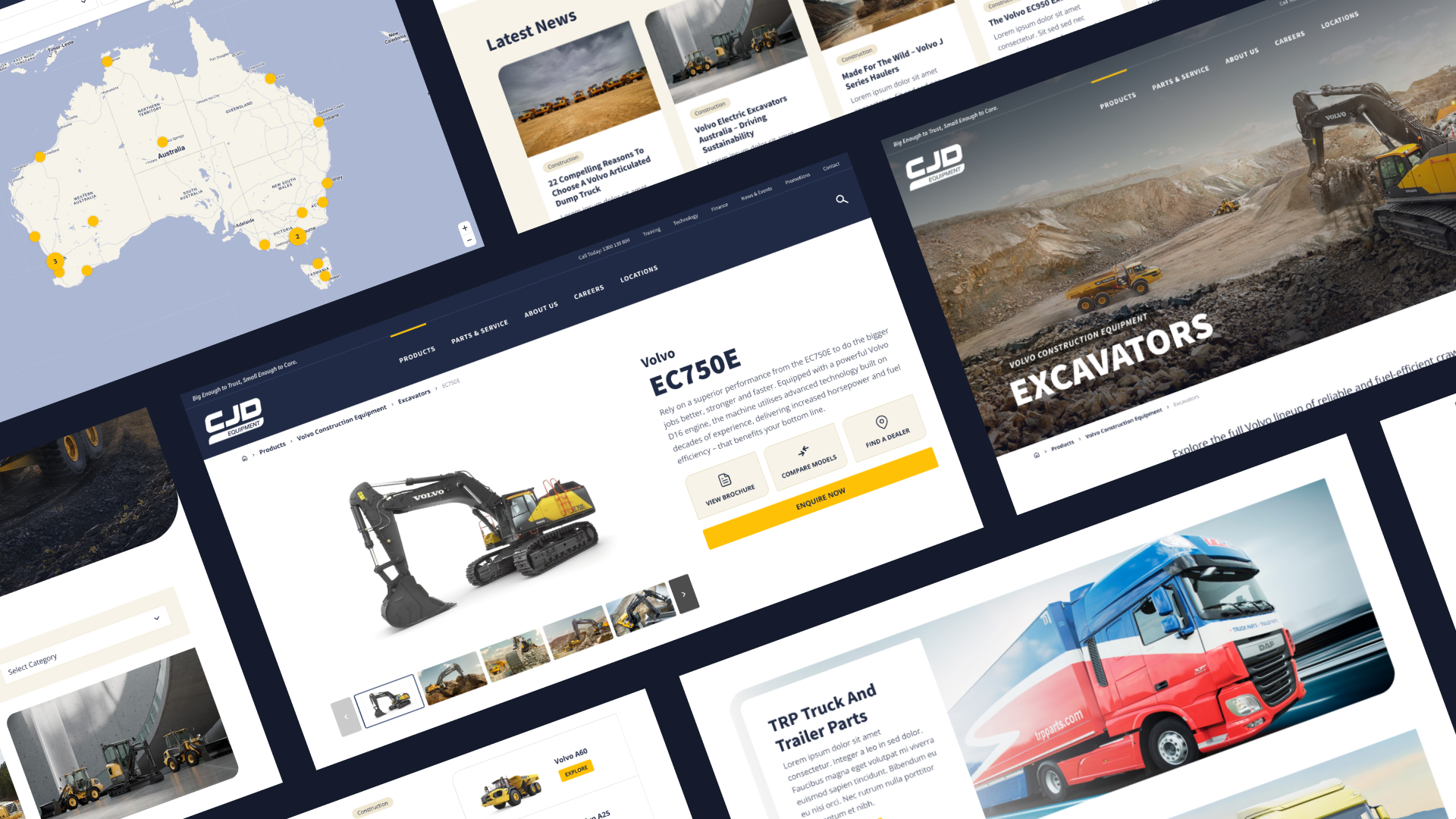 An angled collage of overlapping web pages including an Australian dealer branch map, a Volvo EC750E product breakdown, industry news cards, and truck parts promotional banners.