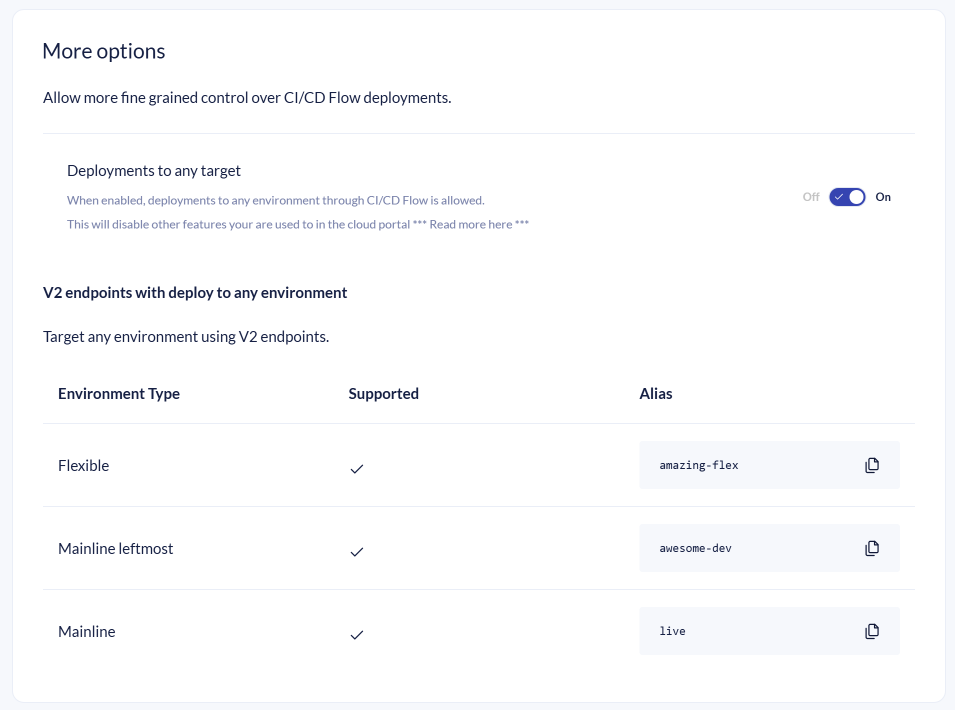 A settings page for "More options" regarding CI/CD Flow deployments. It includes a toggle for "Deployments to any target" and a table listing supported environment types like Flexible and Mainline.