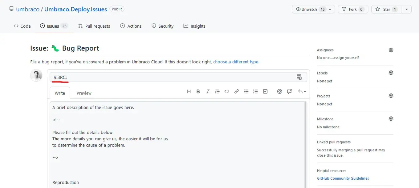 Screenshot of raising a new issue for Umbraco Deploy 9.3RC on the Umbraco Deploy Github issue tracker.