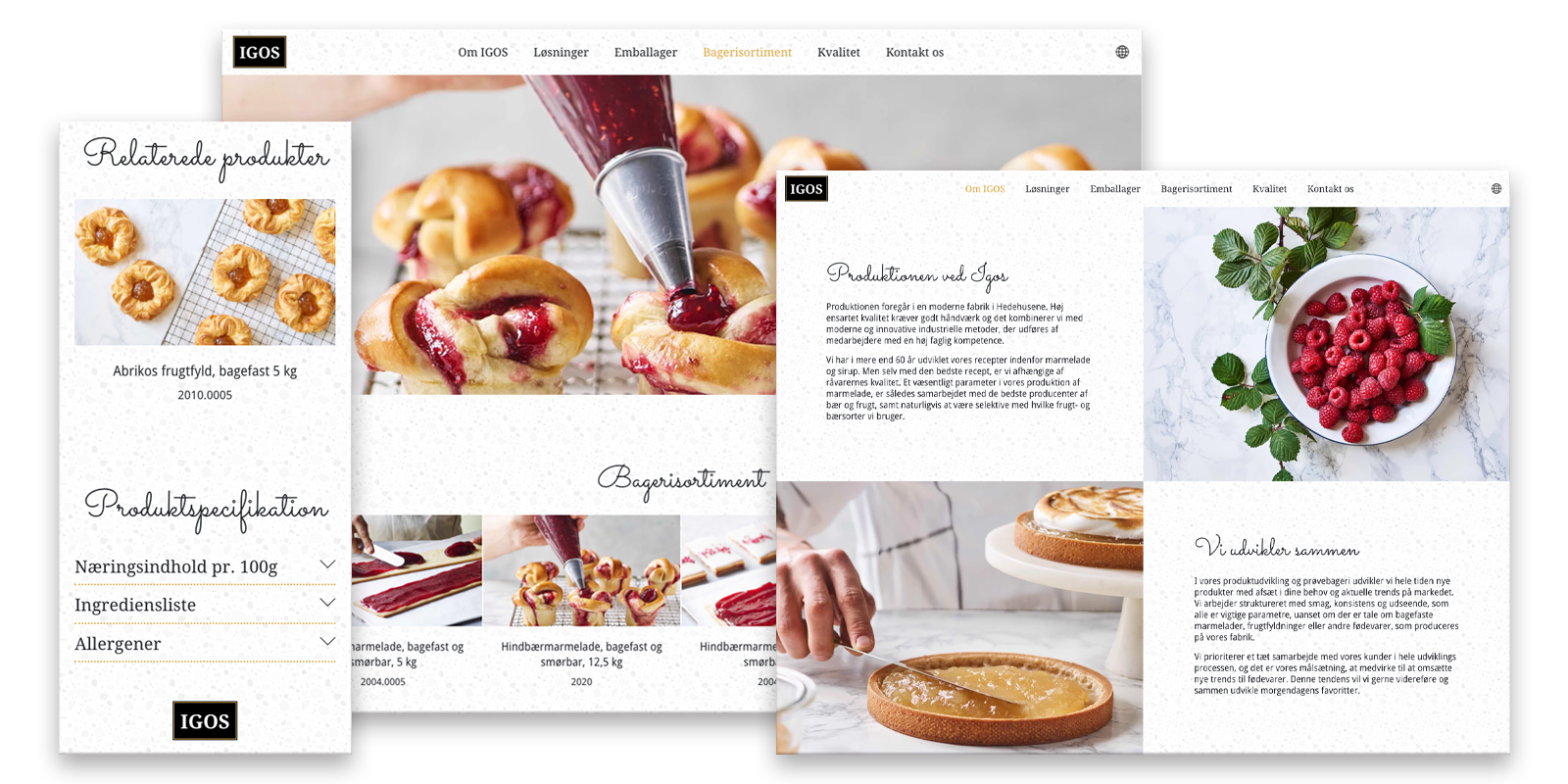 A collage of website screens for IGOS, showcasing various fruit-filled pastries, raspberry marmalade production, and product specifications for bakery ingredients.