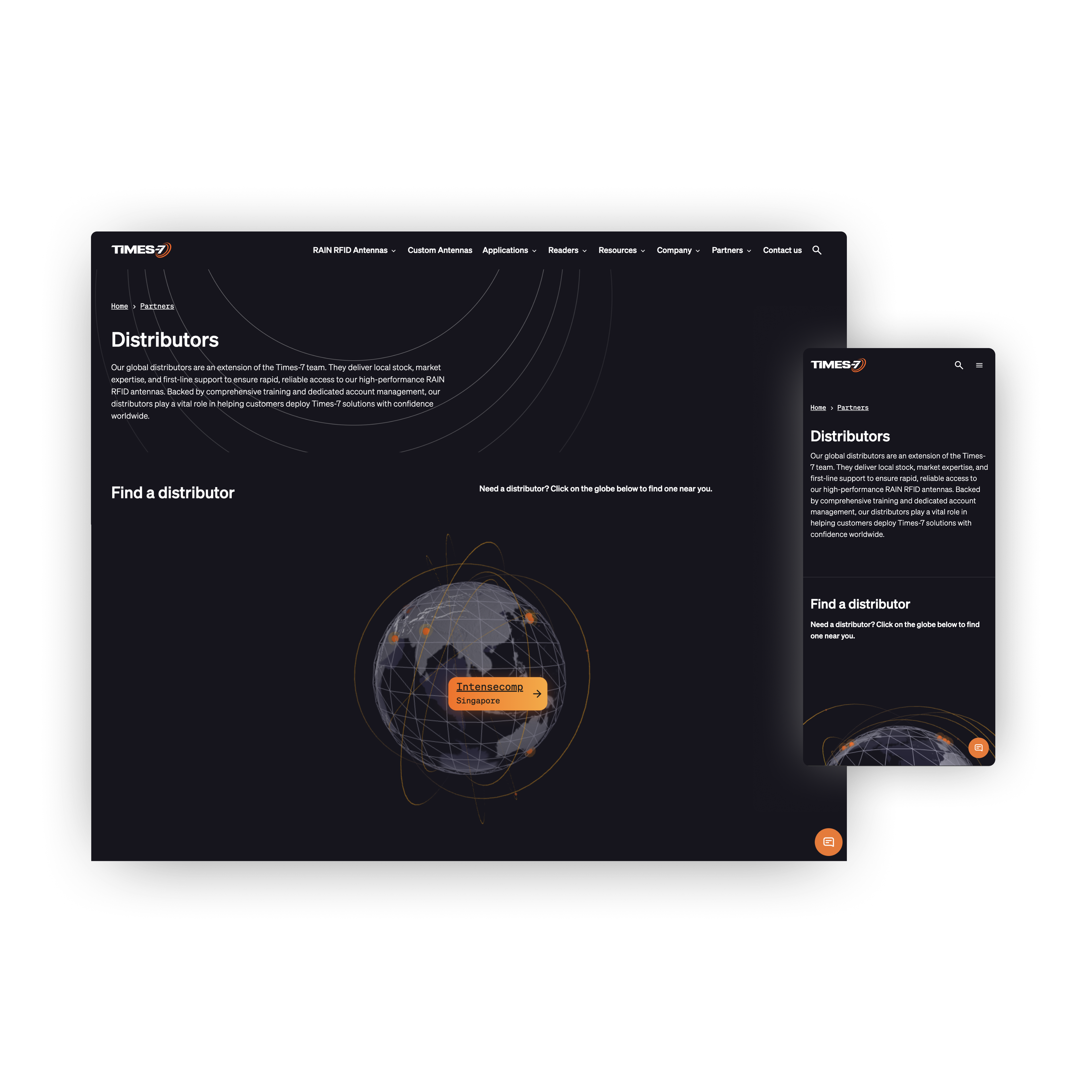 Desktop and mobile webpage mockups for the Times-7 "Distributors" page, featuring an interactive global map on a dark interface.