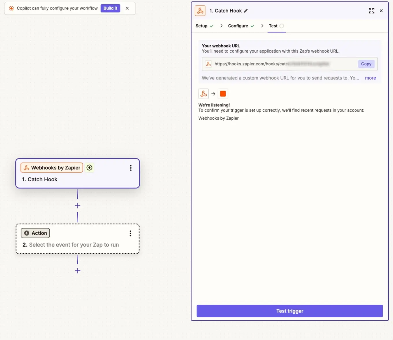 Zapier editor showing a Webhooks by Zapier Catch Hook trigger with the webhook URL ready to copy