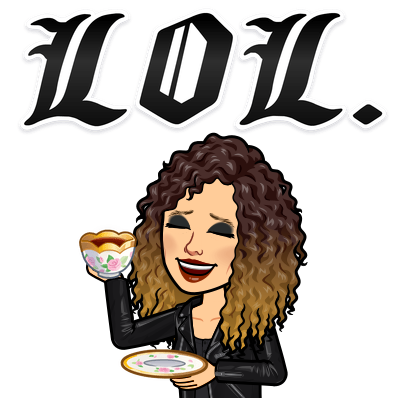 Busra bitmoji saying LOL and drinking tea