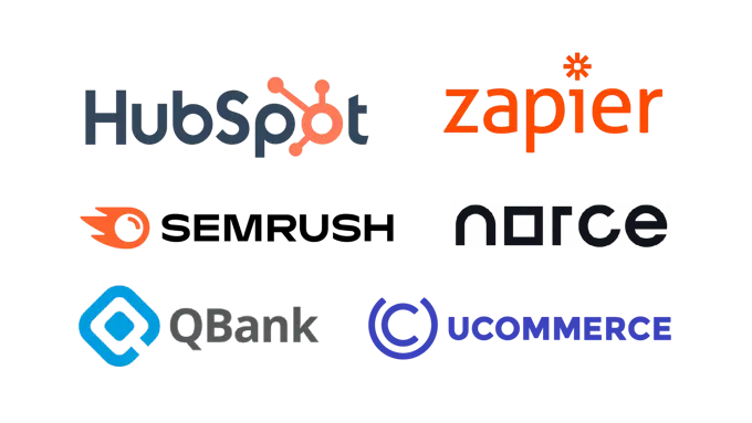 Logos in collage: Hubspot, zapier, semrush, norce, qbank and Ucommerce