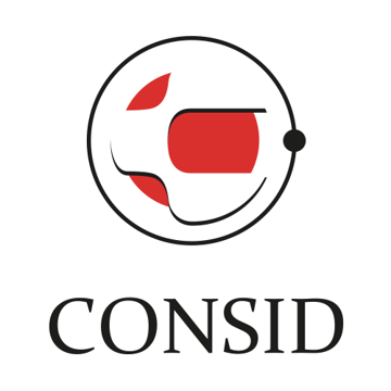 Black-ring icon of a red apple/leaf and headphones above the word CONSID