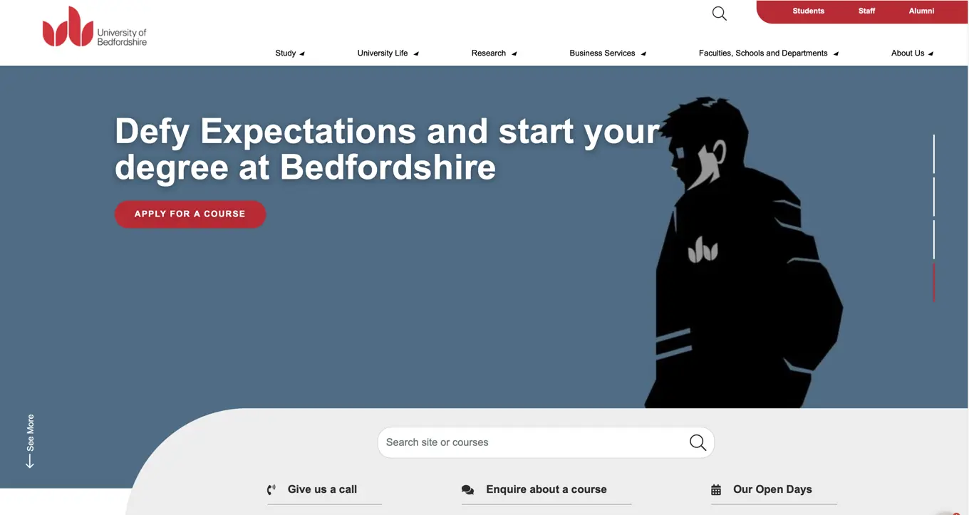 Screenshot from the website of the University of Bedfordshire