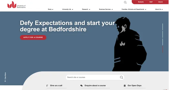 Screenshot from the website of the University of Bedfordshire