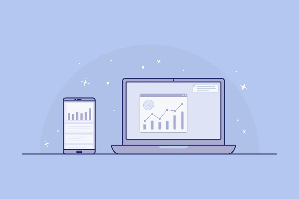 A graphic showing a laptop and mobile with an analytics software