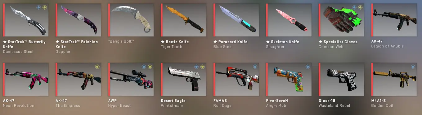 A screen capture of different weapons and skins in the video game CSGO