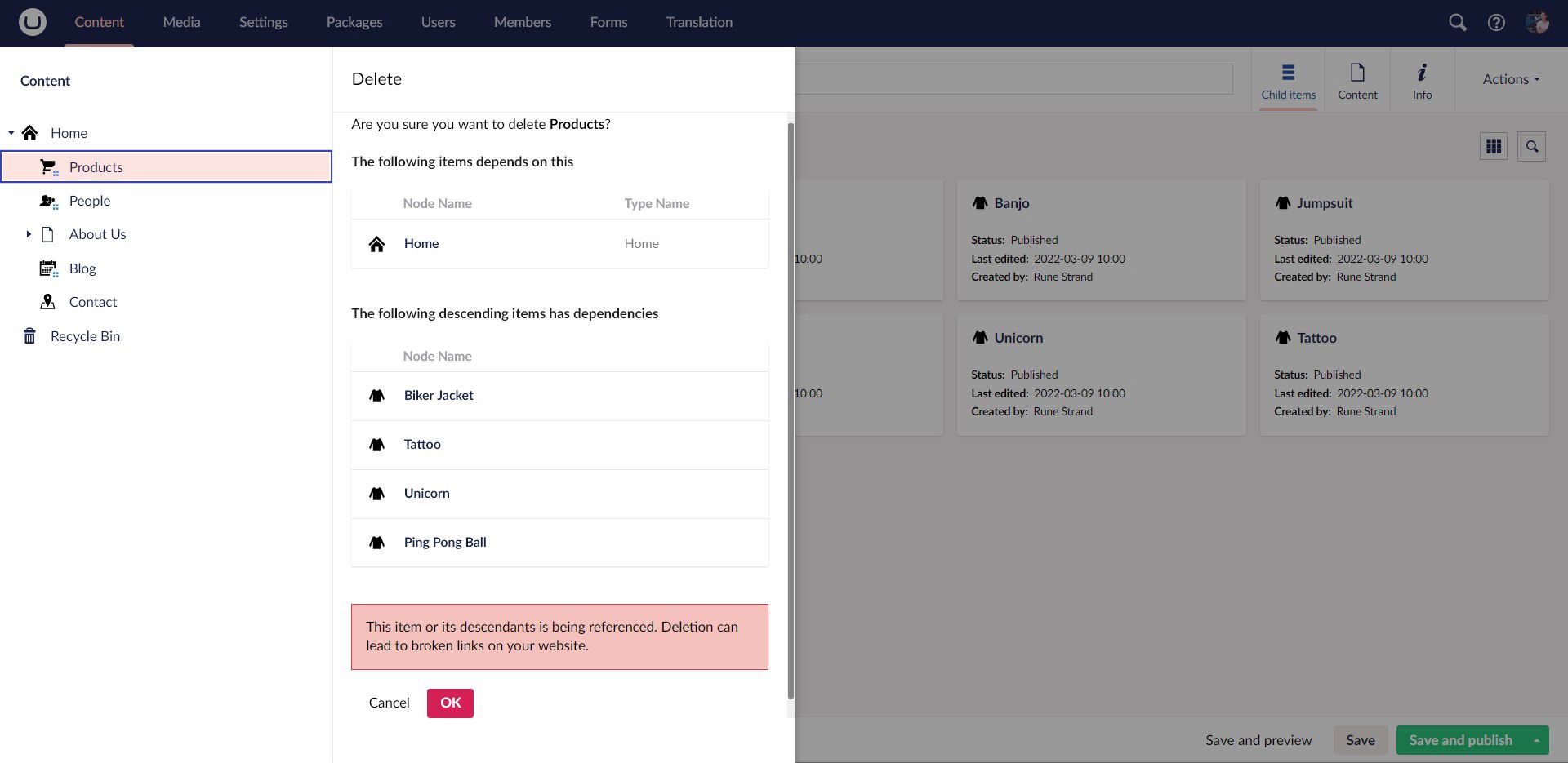 Umbraco 9.4 Item Tracking Delete Dialog