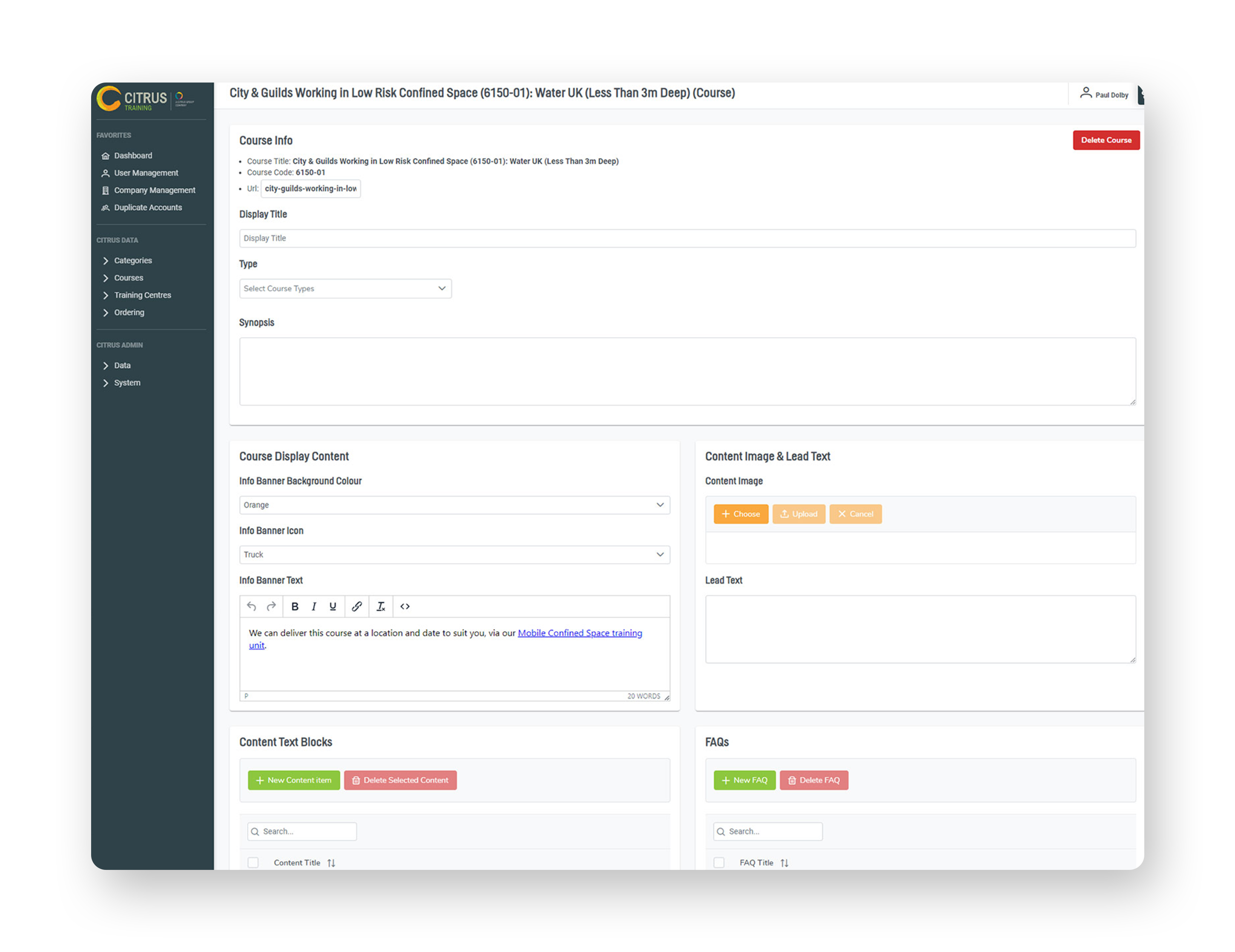 A screenshot of a backend content management system (CMS) form page used for editing course details, synopsis text, and display criteria.