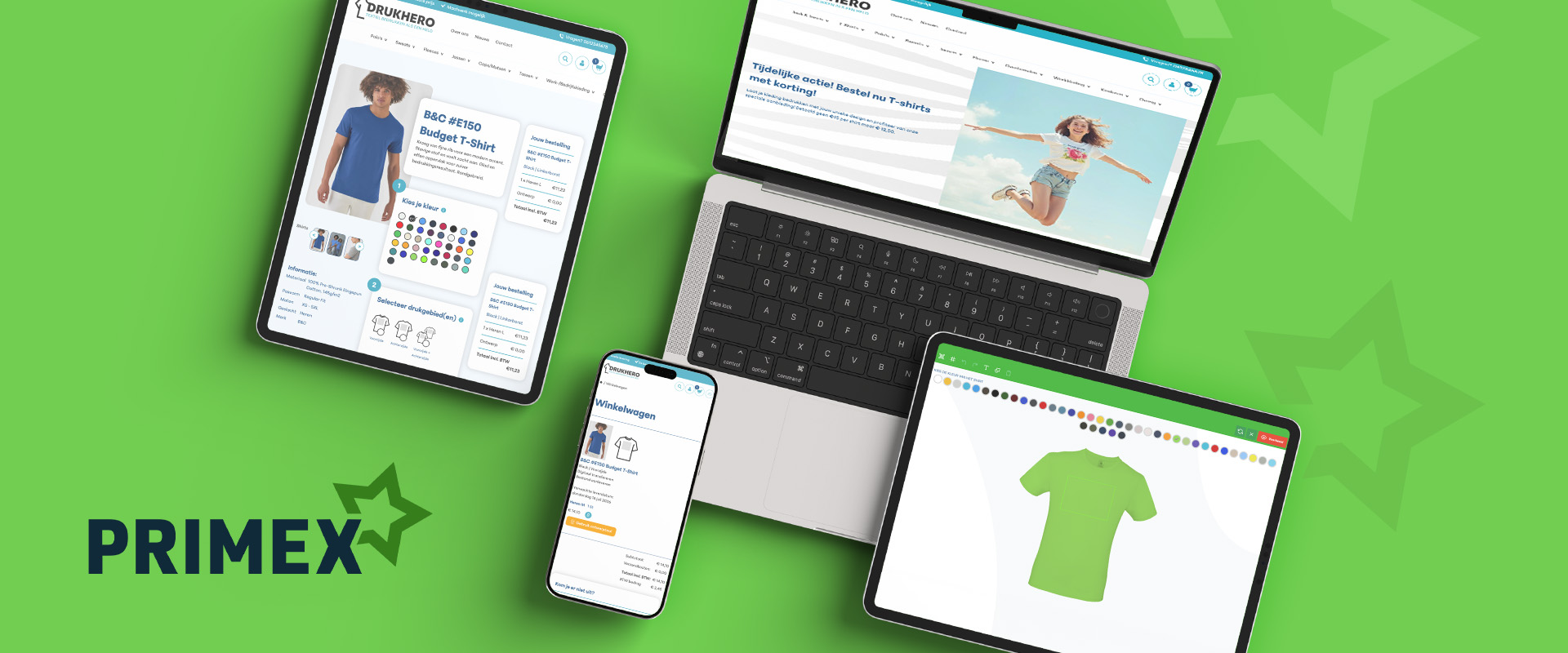 A responsive multi-device presentation layout showcasing an apparel e-commerce website on a laptop, smartphone, and two tablets over a green background with the Primex logo.