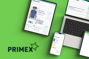 A responsive multi-device presentation layout showcasing an apparel e-commerce website on a laptop, smartphone, and two tablets over a green background with the Primex logo.