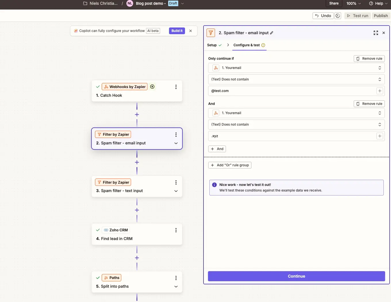 Zapier editor showing an email spam filter step that blocks leads when the email address contains known spam domains using “Text does not contain” rules