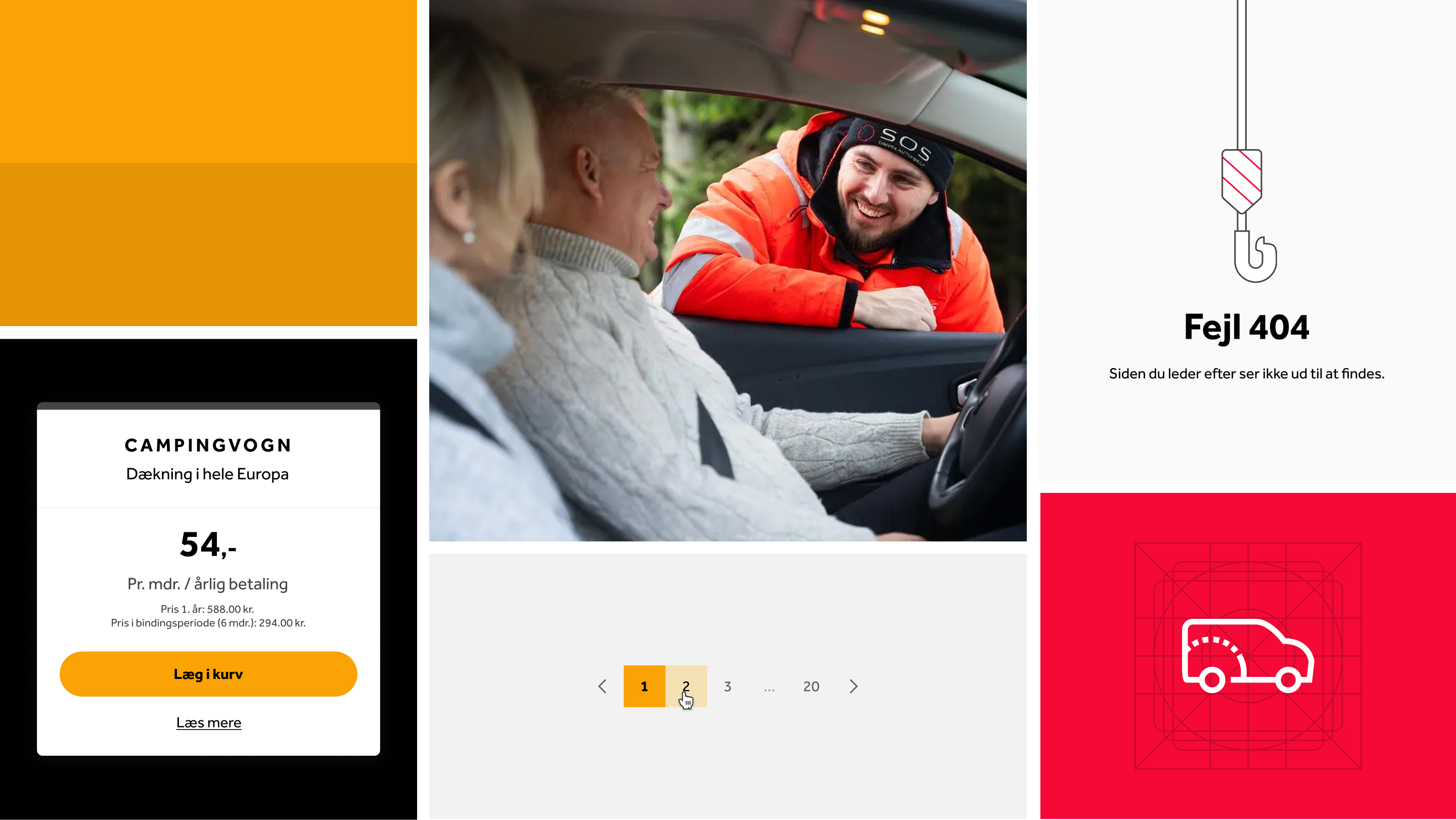SOS Dansk Autohjælp promotional grid displaying caravan assistance pricing, customer care, and website error page interface.