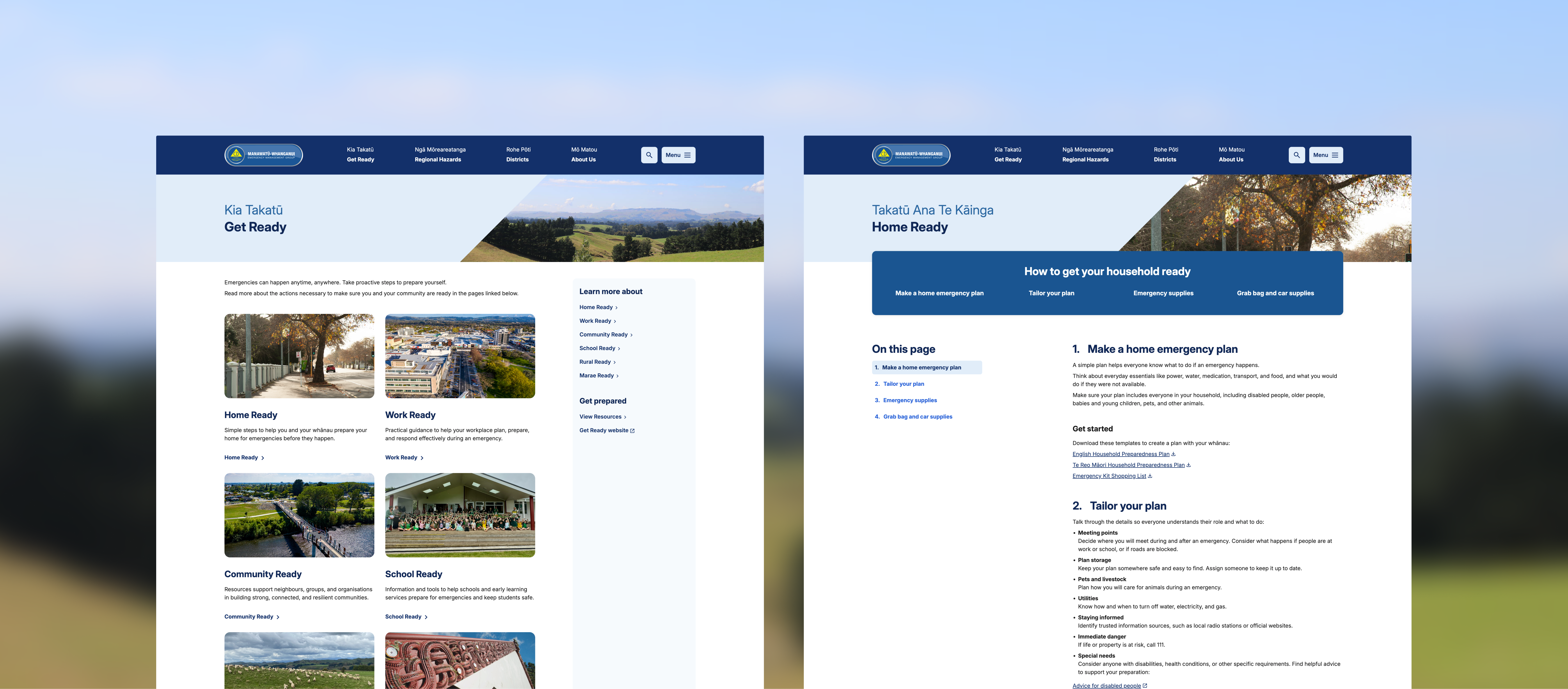 Two webpages displaying information on community readiness categories and a step-by-step household emergency planning guide.