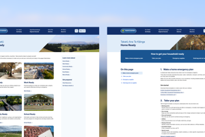 Two webpages displaying information on community readiness categories and a step-by-step household emergency planning guide.