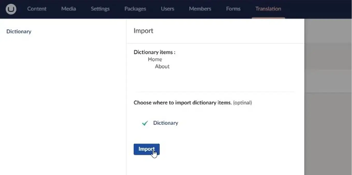 Screenshot: Importing Dictionary Items