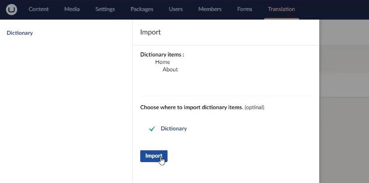 Screenshot of the backoffice translation section showing the UI for importing Dictionary Items in Umbraco 10.1. The Import Context Menu displays the item, or items, to be imported and allows you to select where to save them in the dictionary tree.