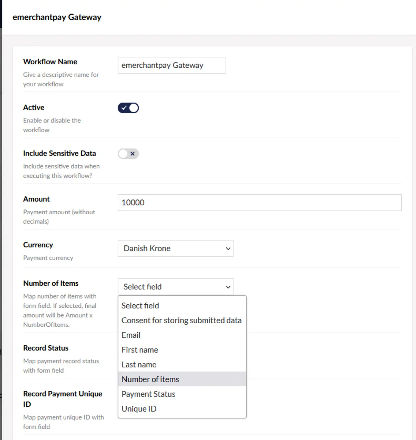 Screenshot: select field - number of items