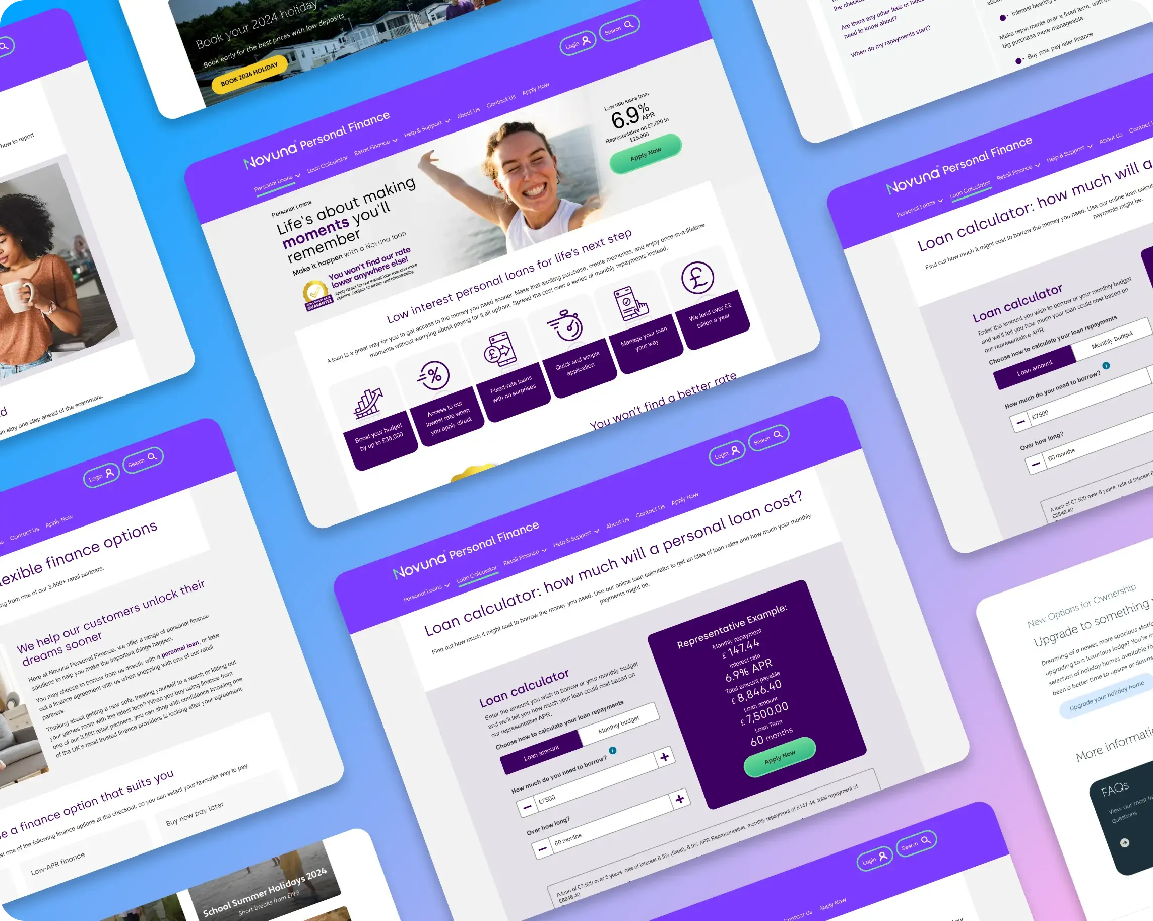 A collage of web pages showing the user interface design for Novuna Personal Finance loan calculators and promotional features.