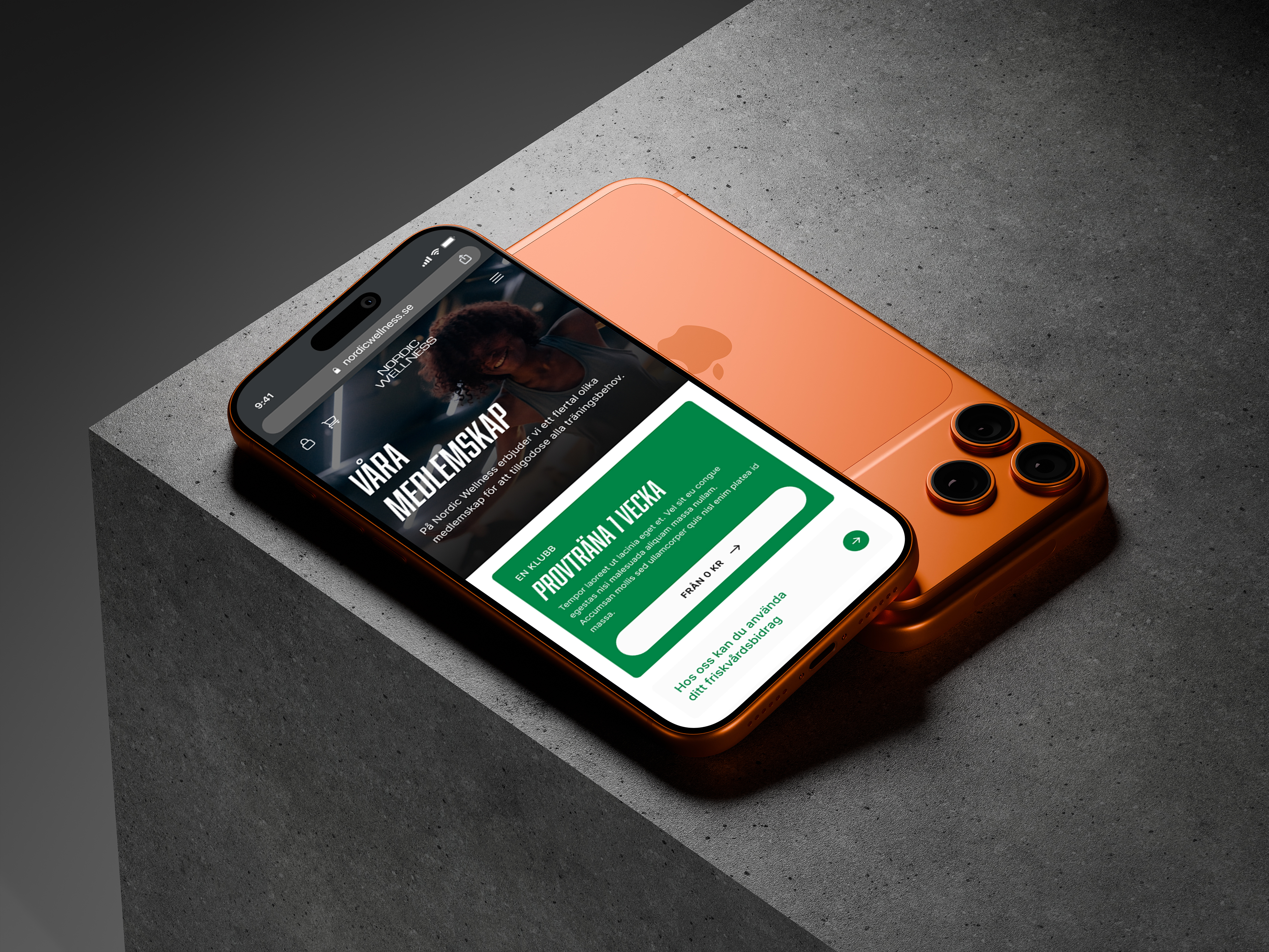 Nordic Wellness mobile site on an orange smartphone, showing the "Våra medlemskap" page with a green "Provträna 1 vecka" card offering a free one-week trial.