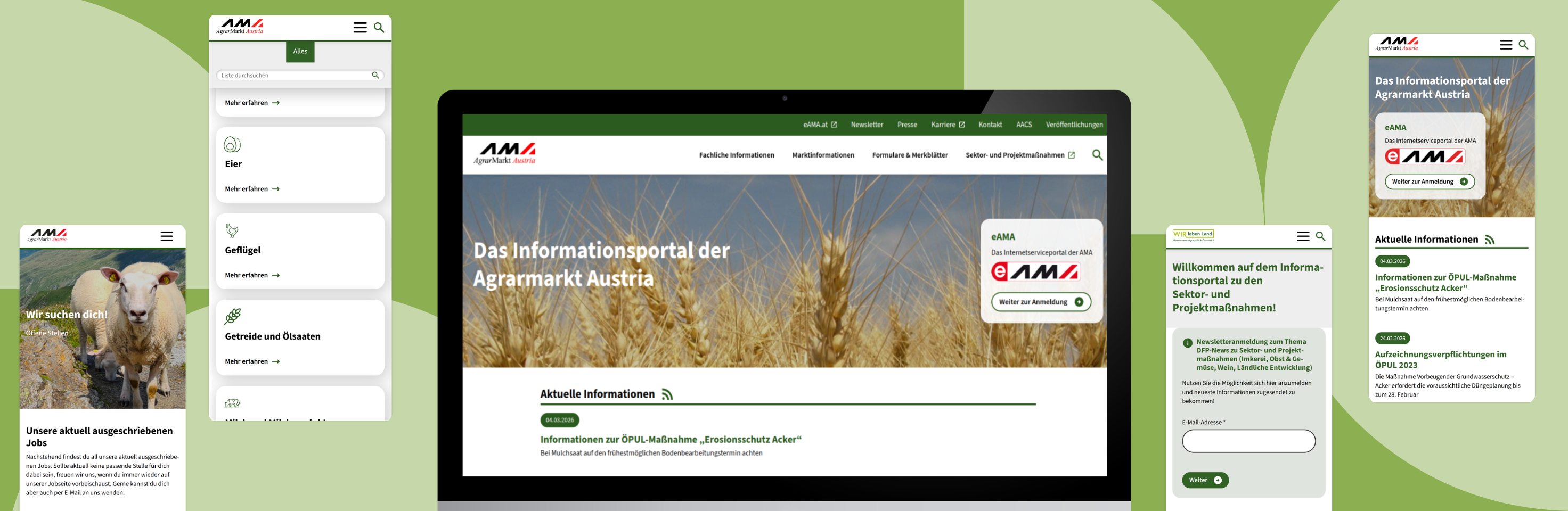 A multi-device layout of the AgrarMarkt Austria (AMA) website across desktop and mobile screens, featuring a wheat field background and the information portal title: "Das Informationsportal der AgrarMarkt Austria."