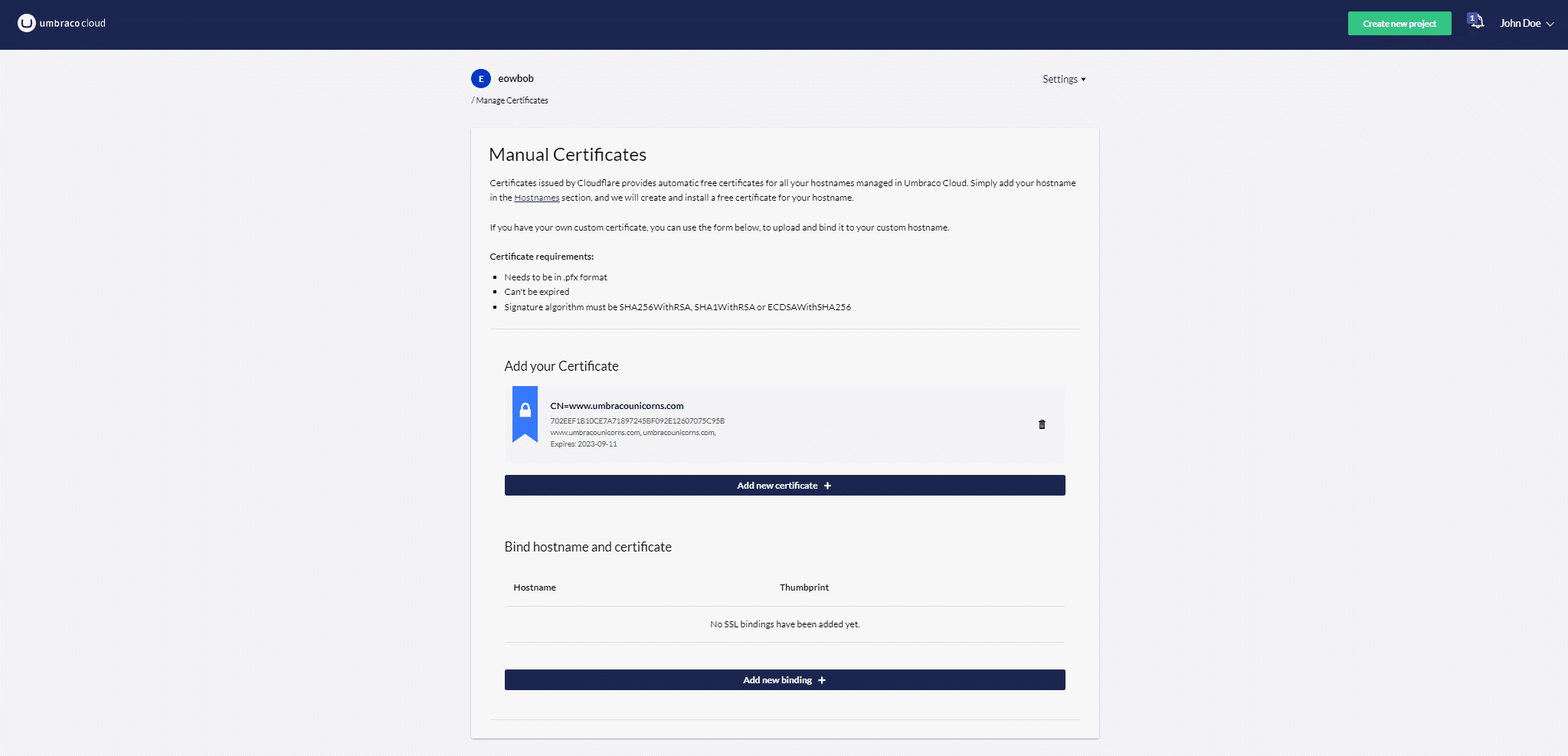 Umbraco Cloud Certificates
