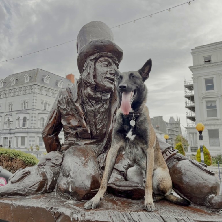 Jay on Mad Hatter statue