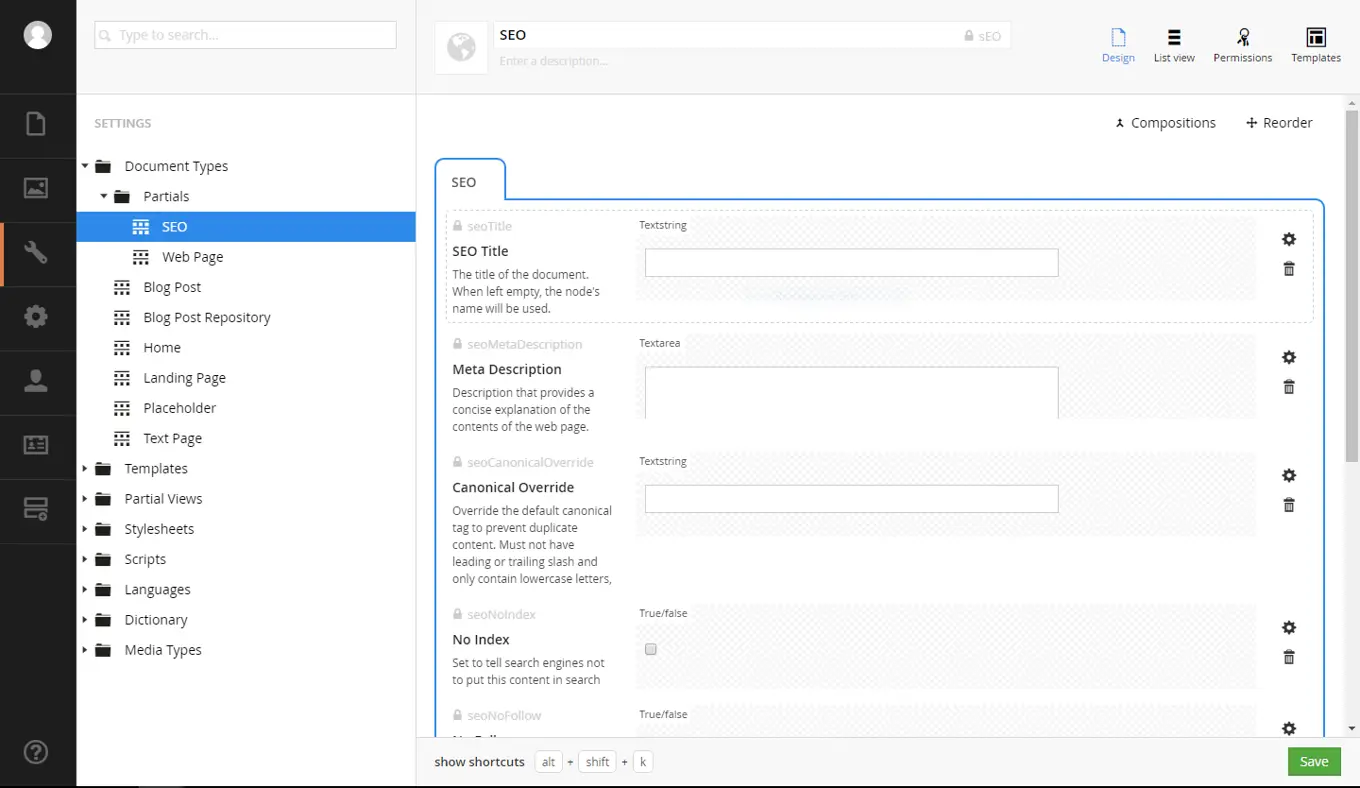 Umbraco screenshot showing the SEO tab in the backoffice