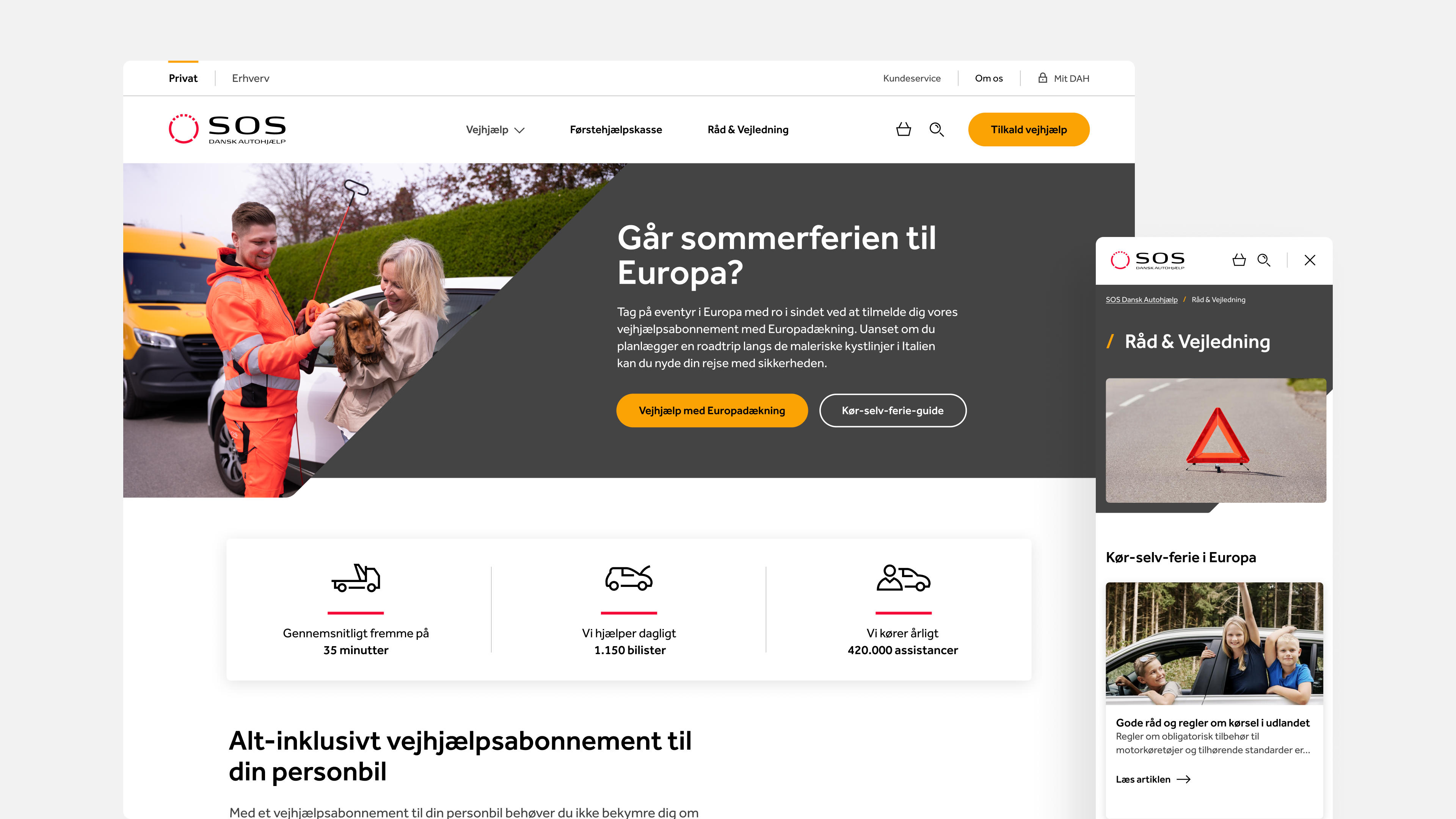 SOS Dansk Autohjælp website preview highlighting comprehensive European roadside assistance and car insurance coverage.