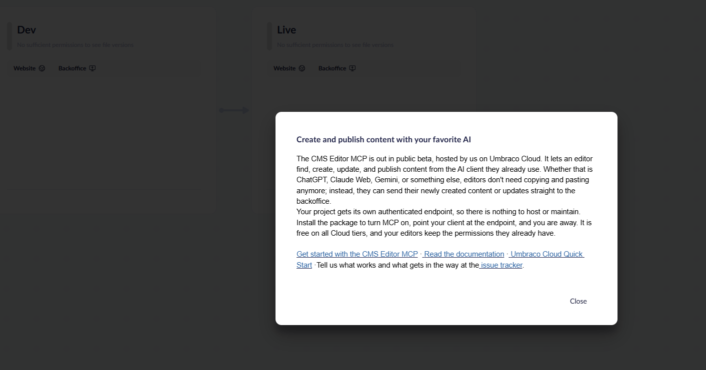Modal dialog titled “Create and publish content with your favorite AI” with paragraph text and a “Close” button.