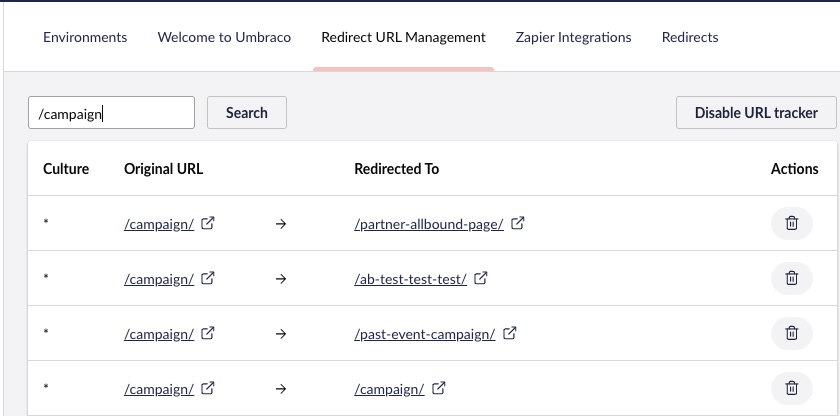 Umbraco’s Redirect URL Management showing a search for ‘/campaign’ and a list of tracked redirects from /campaign/ to, with delete actions.