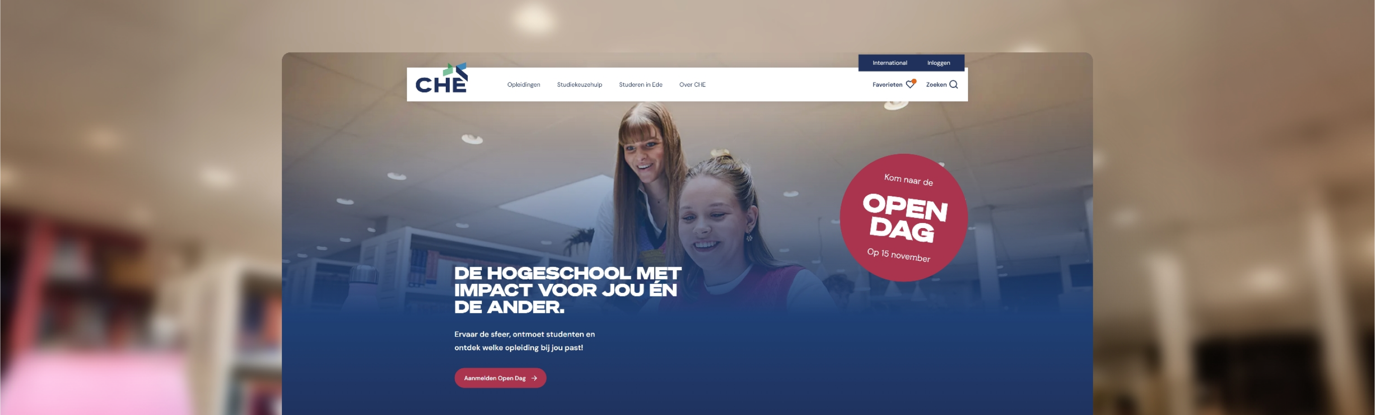 CHE website banner: “De hogeschool met impact voor jou en de ander”; “Kom naar de OPEN DAG” (15 november)