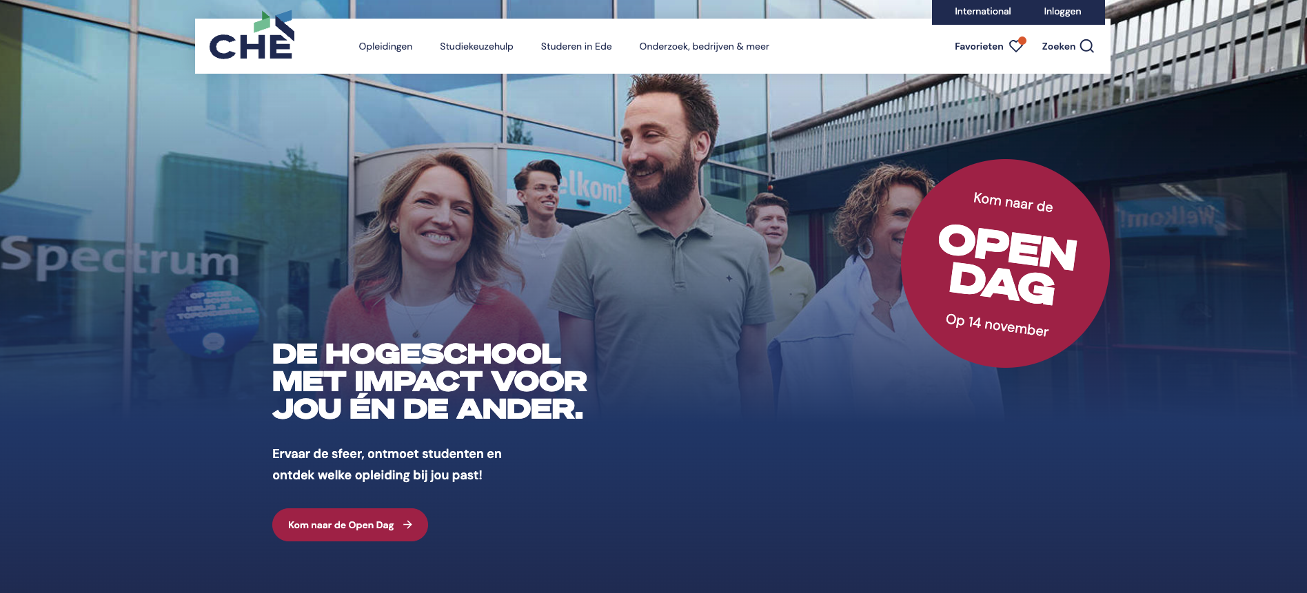 Christelijke Hogeschool Ede homepage banner advertising the upcoming Open Day on November 15th