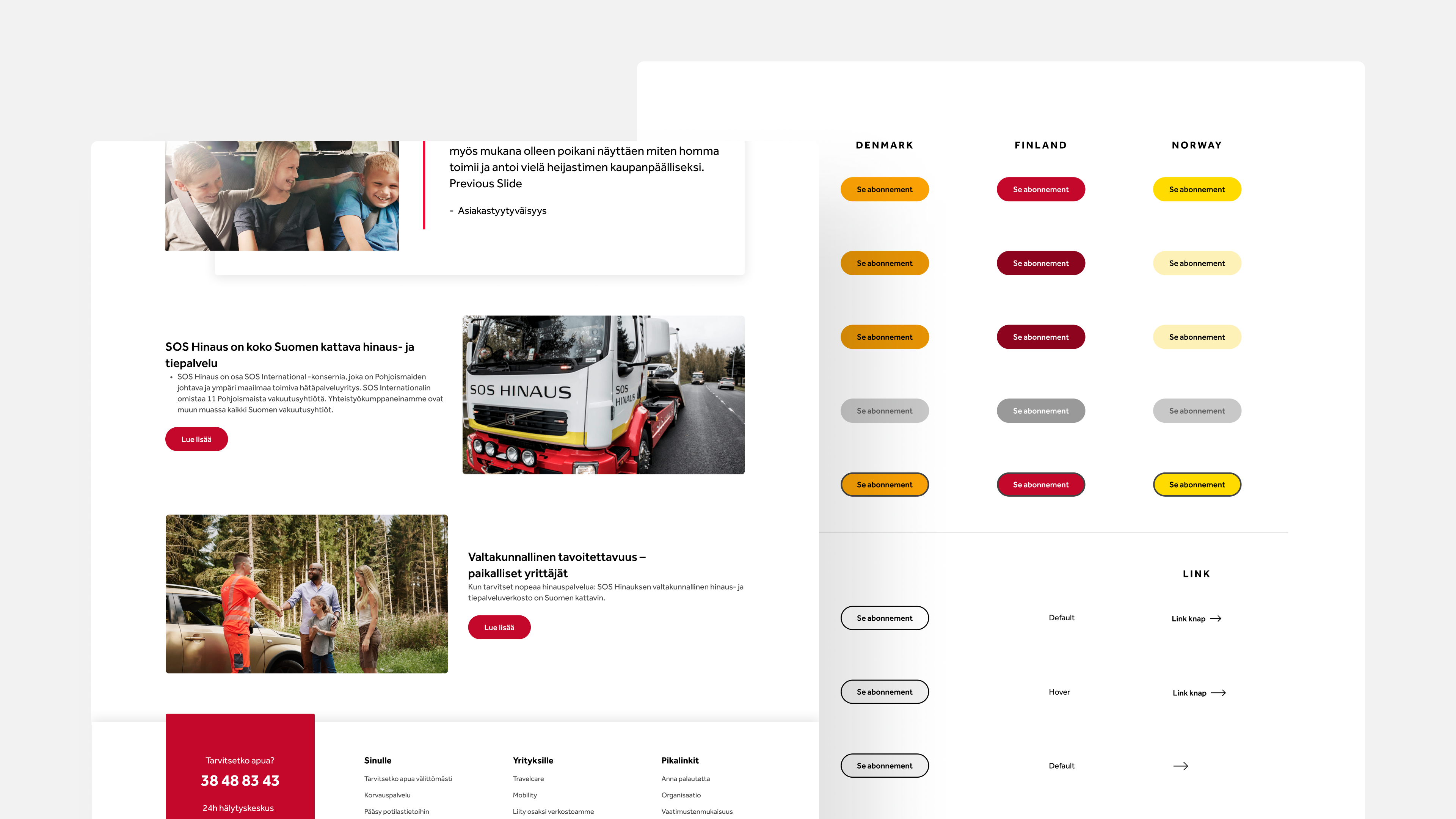 UI component design layout and digital marketing preview for Nordic SOS Hinaus roadside assistance and subscription services.