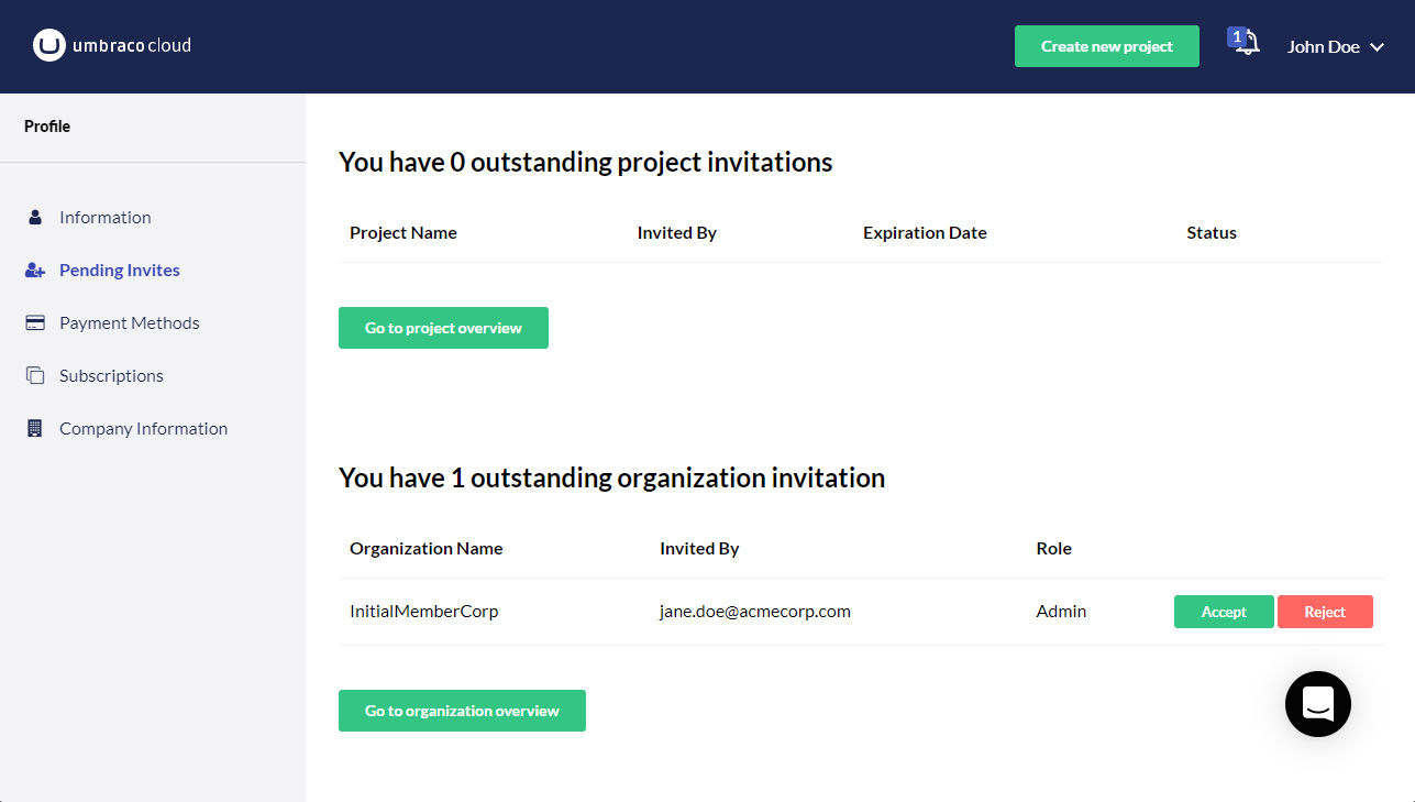 Umbraco Cloud Pending Organzation Invite 1287X729px
