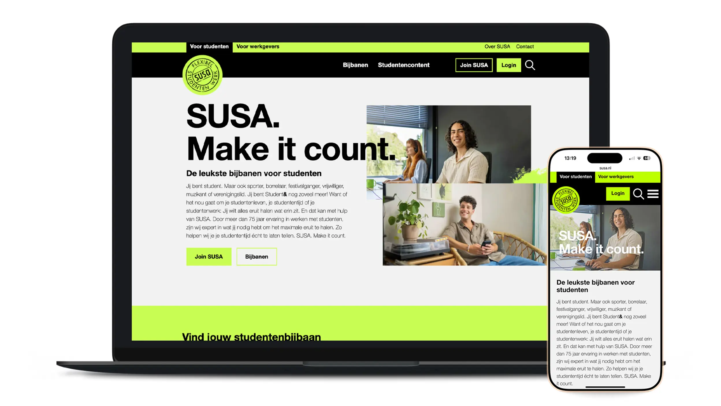 A laptop and smartphone mockup showcasing the responsive layout of the SUSA student job website.