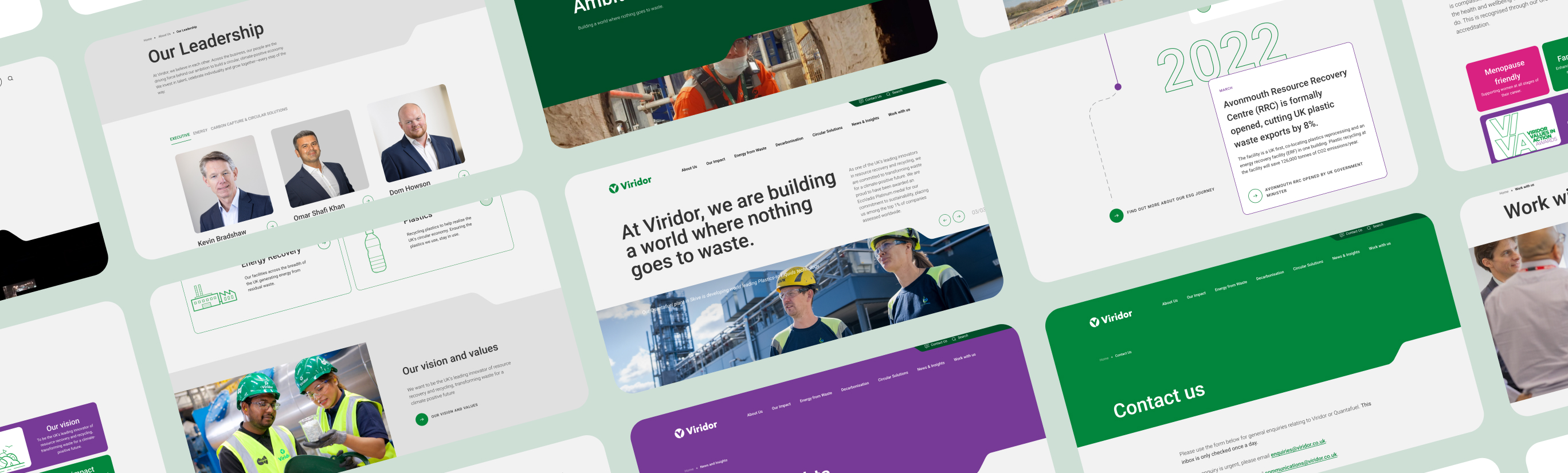 A collage showing several pages from the Viridor website, including leadership profiles, corporate vision and values, and a 2022 project timeline.