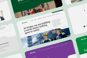 A collage showing several pages from the Viridor website, including leadership profiles, corporate vision and values, and a 2022 project timeline.