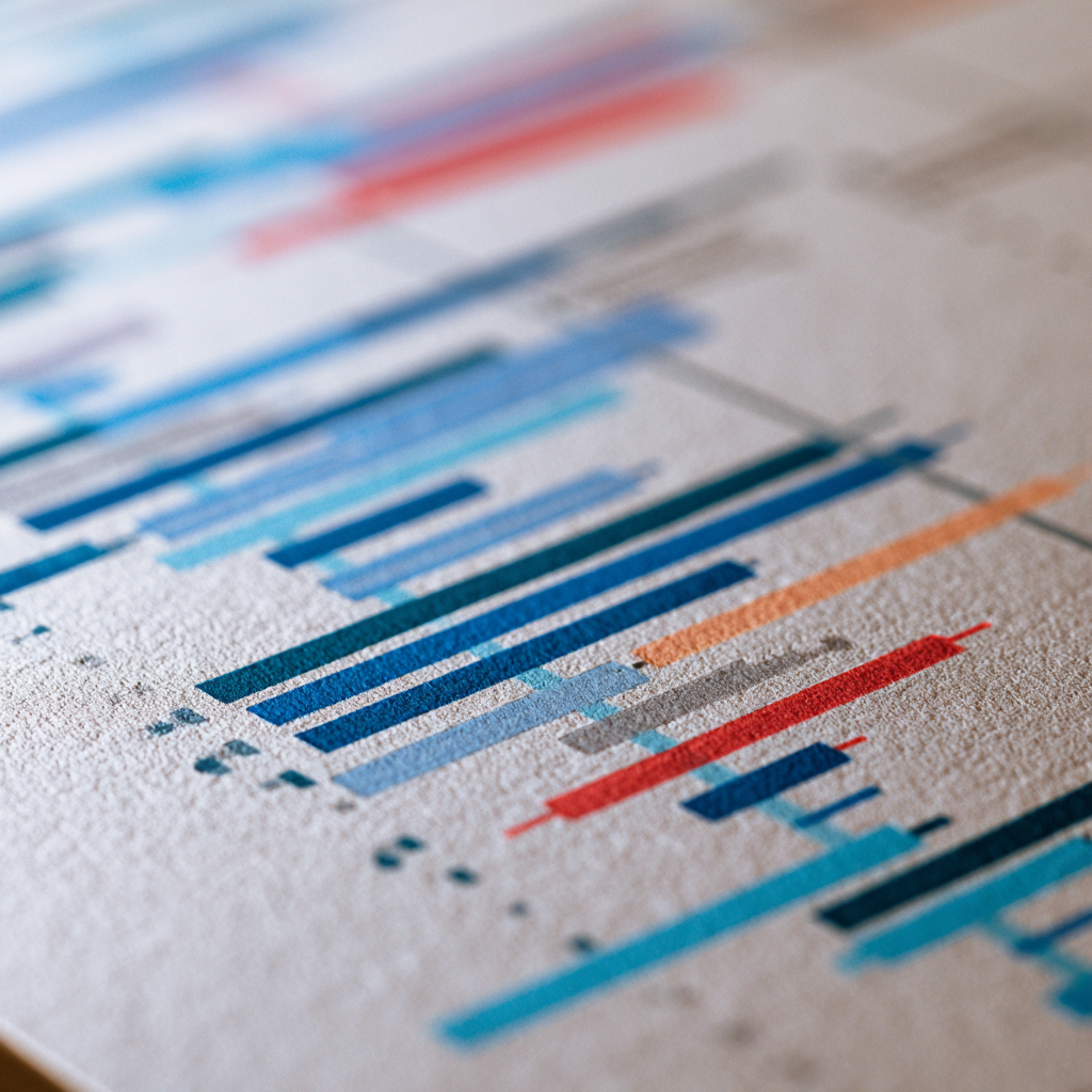 A close-up view of a colorful project timeline Gantt chart printed on textured paper.