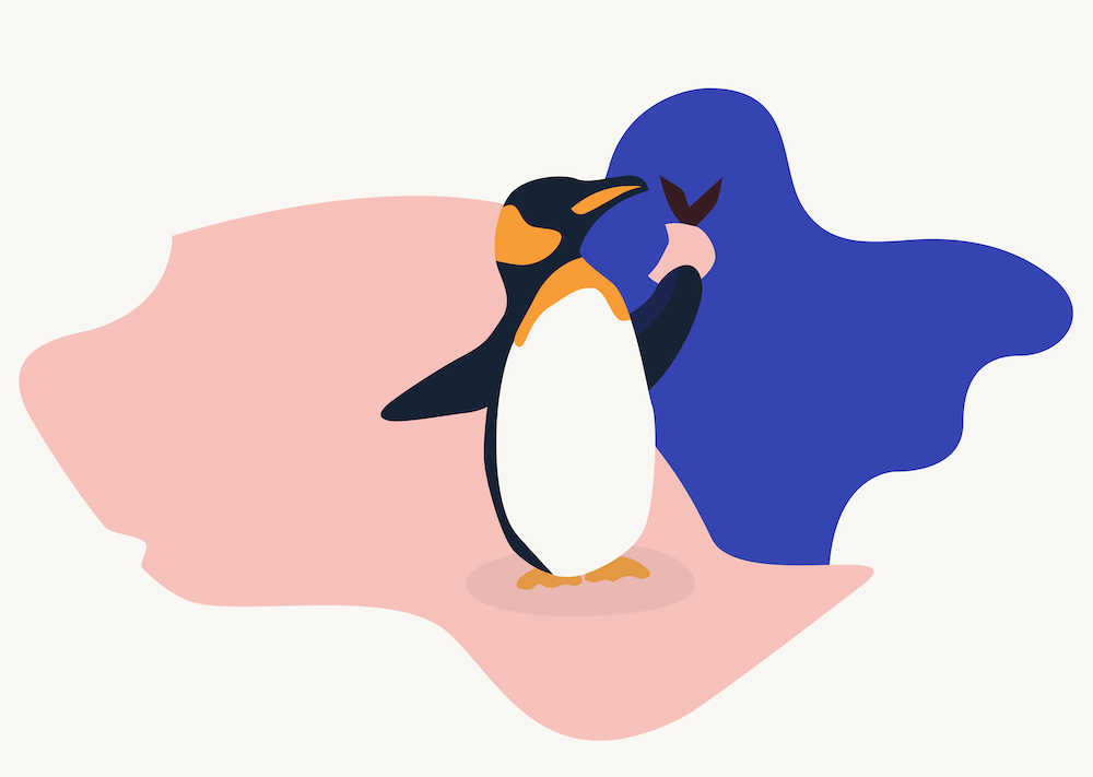 An illustration of a penguin holding an apple with a bite taken out of it